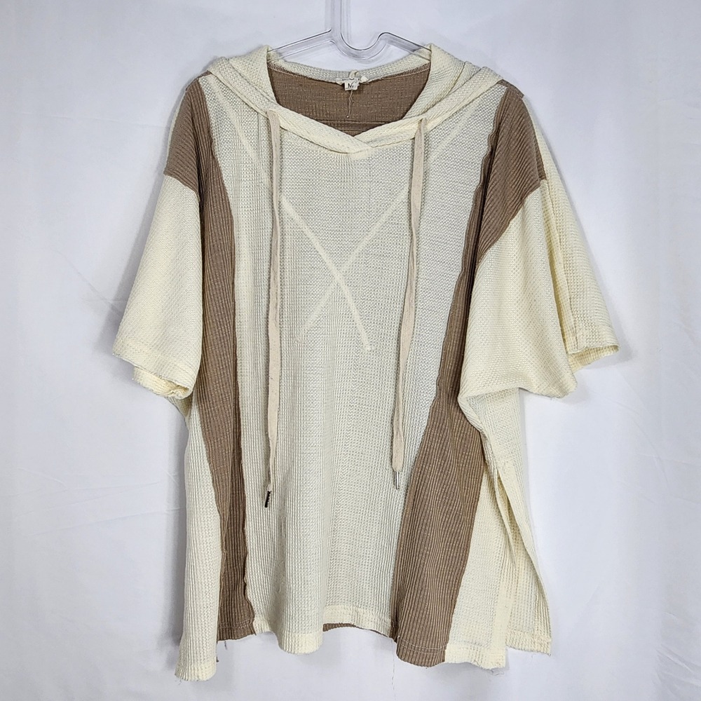 POL Womens Lightweight Waffle Knit Hoodie Colorblock Neutral Earthy Boho Medium